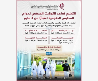 التعليم تعتمد التوقيت الصيفي لدوام المدارس الحكومية اعتبارًا من 3 مايو