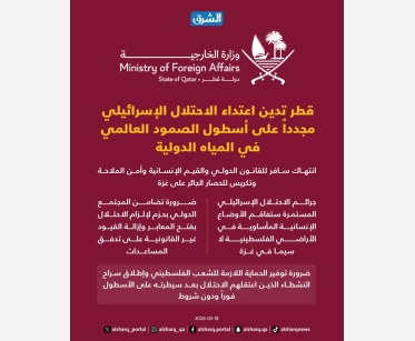 قطر تدين اعتداء الاحتلال الإسرائيلي مجدداً على أسطول الصمود العالمي في المياه الدولية